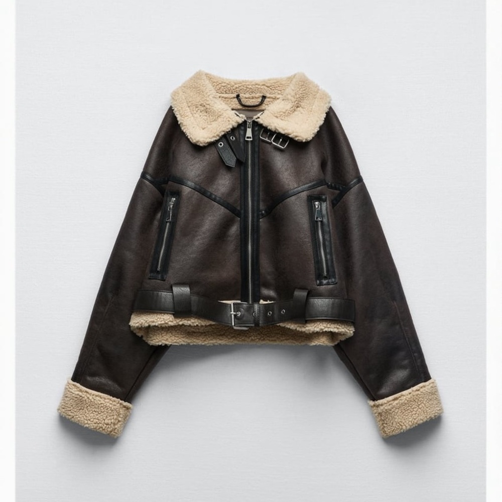 Zara Brown Leather Jacket with Cream Accents